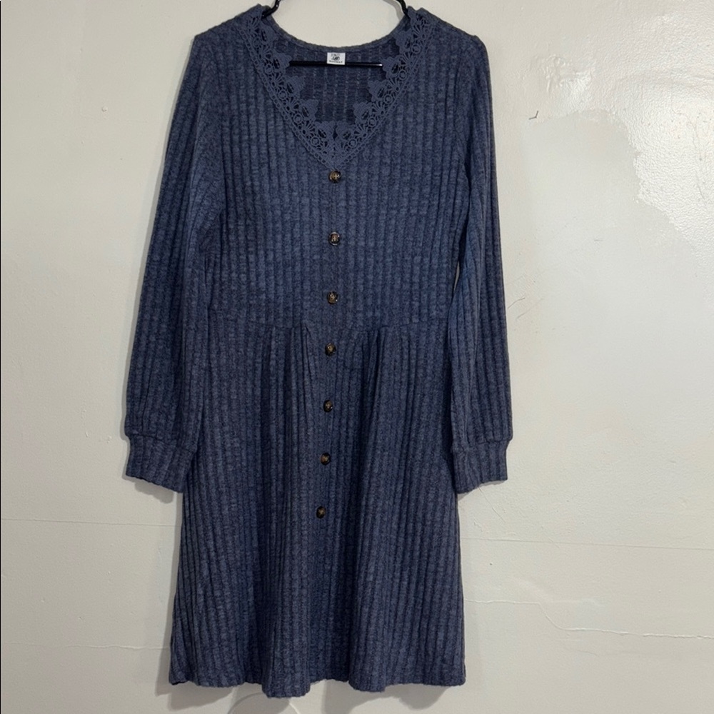 Women's‎ Blue Ribbed Crochet Lace V Neck Button Front Midi Dress Size L Nwot